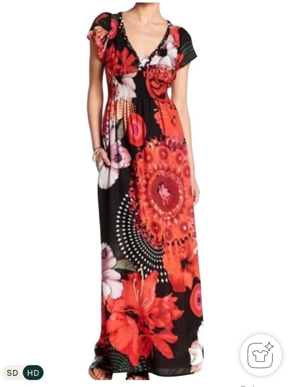 Desigual Black Maxi Dress with Red and Floral Print